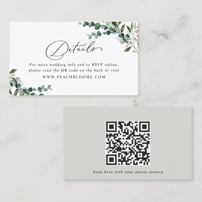 Cartão De Visita Greenery QR Code Wedding Details Enclosure Card (Frente/Verso)