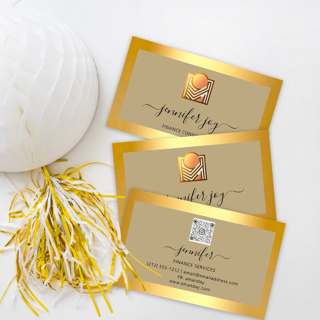 Cartão De Visita GreenLogo Dourado do Broker de consultoria finance (Finance Consulting Broker Gold GreenLogo QR Business Card)