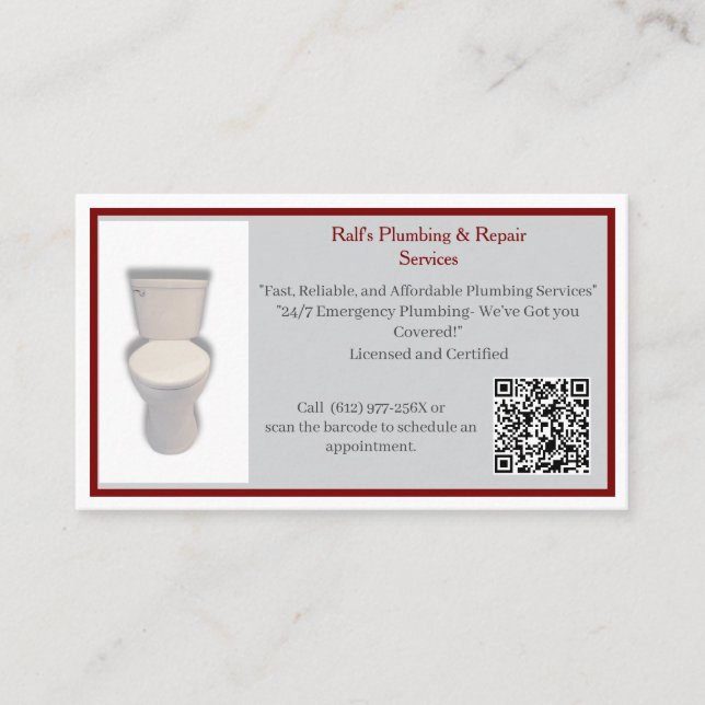 Cartão De Visita Grey Red  Plumber Toilet  (Frente)
