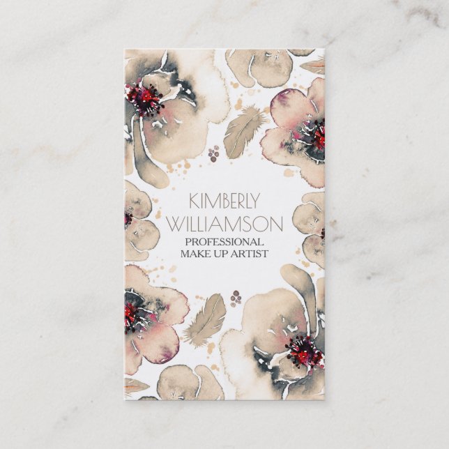 Cartão De Visita Grinalda das penas de Boho das flores da aguarela (Frente)