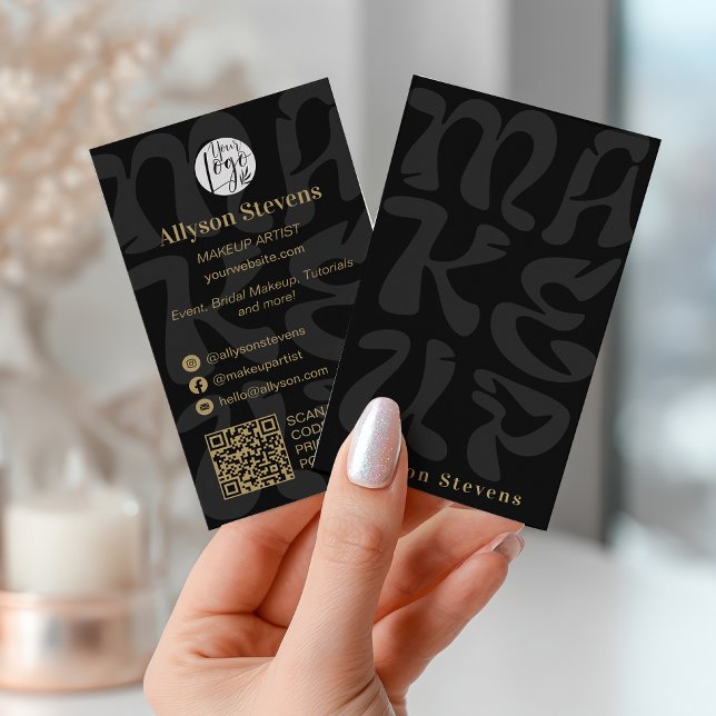 Cartão De Visita Groovy retro black logo qr code Makeup (Groovy retro black logo qr code Makeup Business Card)