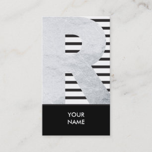 Cartão De Visita Grungy Silver Monograma "R" Black White Stripes