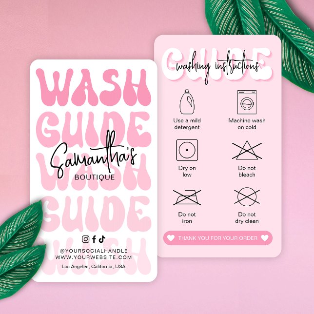 Cartão De Visita Guia de assistência à lavanderia retrorreflectora  (Retro pink clothing washing instructions cards with icons, discover more icons in the design editor )