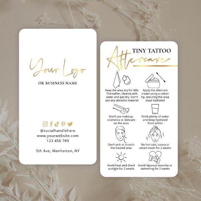 Cartão De Visita Guia de Aterrissagem de Tatuagem Dourada Elegante  (White and faux gold Tiny Tattoo aftercare cards with icons & space for your logo)
