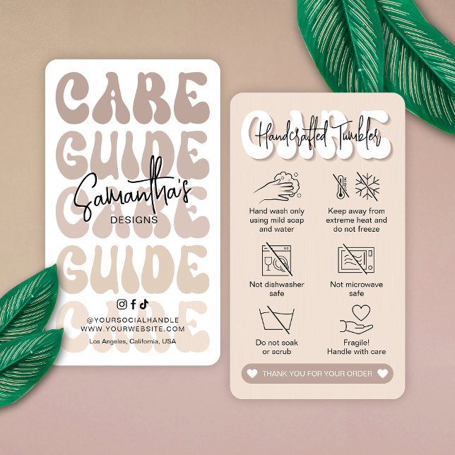 Cartão De Visita Guia de instruções do Tumbler Care - Trendy Retro  (Modern beige tumbler care instructions cards in retro style with care icons and your brand info)