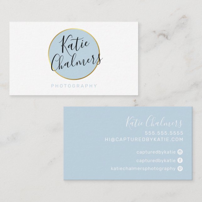 Cartão De Visita guião ELEGANTE - azul-bebê ouro bonito moderno (Frente/Verso)