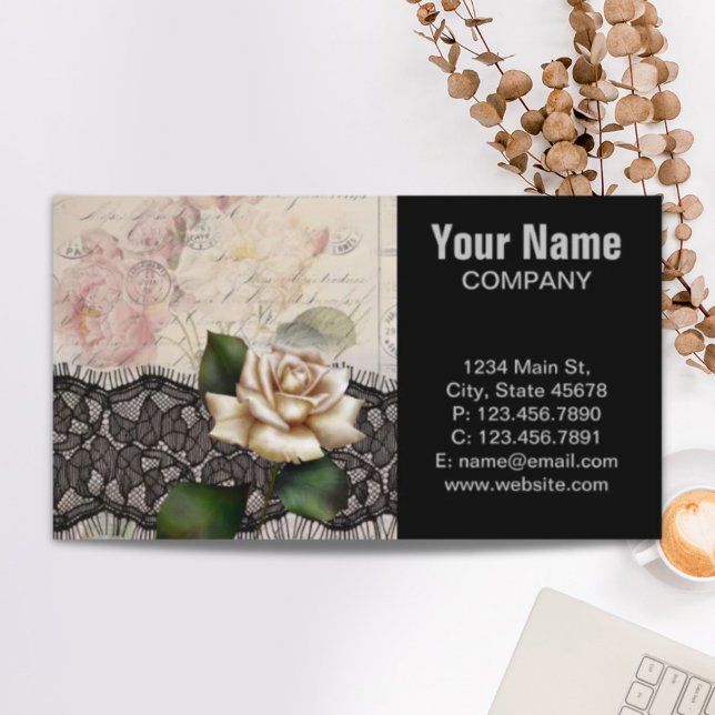 Cartão De Visita guião francês vintage lace victorian white rose (french scripts vintage lace victorian white rose business card)