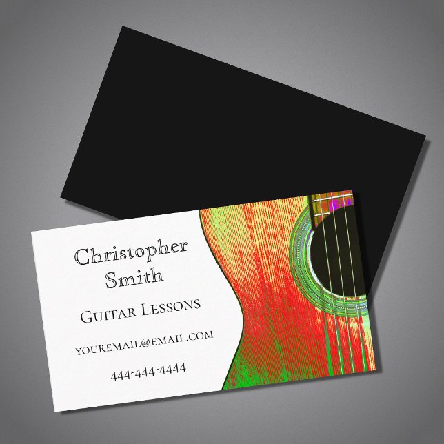Cartão De Visita Guitar Music Lessons Moderno Vermelho Verde (Criador carregado)