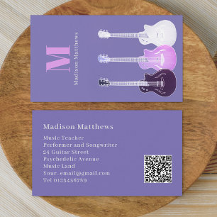 Cartão De Visita Guitar Music Teacher Custom QR Code Purple