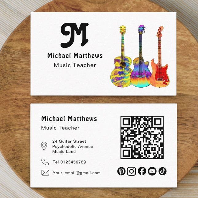 Cartão De Visita Guitar Music Teacher QR code Social Media Custom (Modern guitar music tutor professional musician social media qr code Business card colorful guitars)