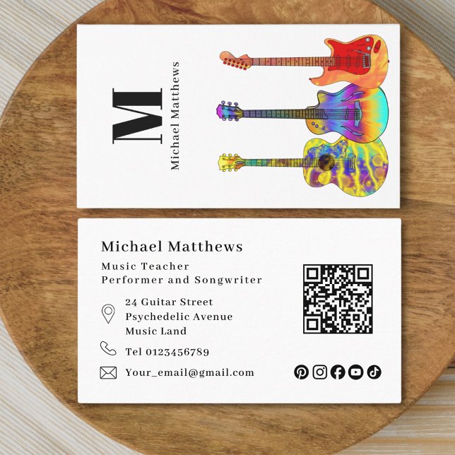 Cartão De Visita Guitar Music Teacher QR Code Social Media Personal (Modern guitar teacher qr code and social media custom business card)