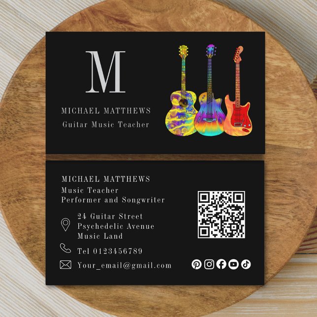 Cartão De Visita Guitar Música Professora Personalizada QR Code Míd (Modern guitar tutor custom qr code and social media icons business card)
