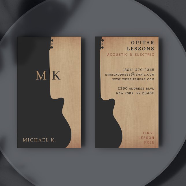 Cartão De Visita Guitar Silhouette Tan Wood Monogram Guitarist (Criador carregado)