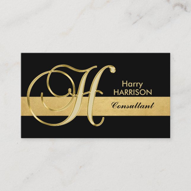 Cartão De Visita 'H inicial preto Dourado Monogrammed elegante (Frente)