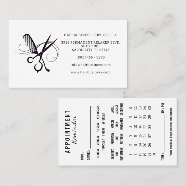 Cartão De Visita Hair Appointment Reminder Calendar Business Card (Frente/Verso)