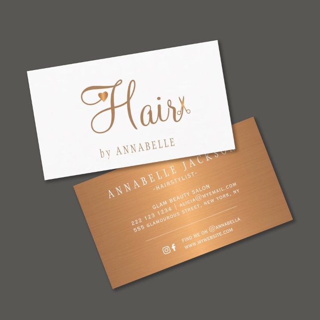 Cartão De Visita Hair salon glam white gold metallic hairstylist (Criador carregado)