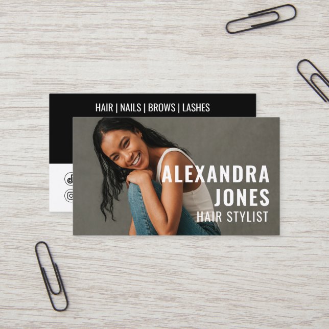 Cartão De Visita Hair Styist Qr Code 2 Ícones sociais Modelo (Frente/Verso In Situ)