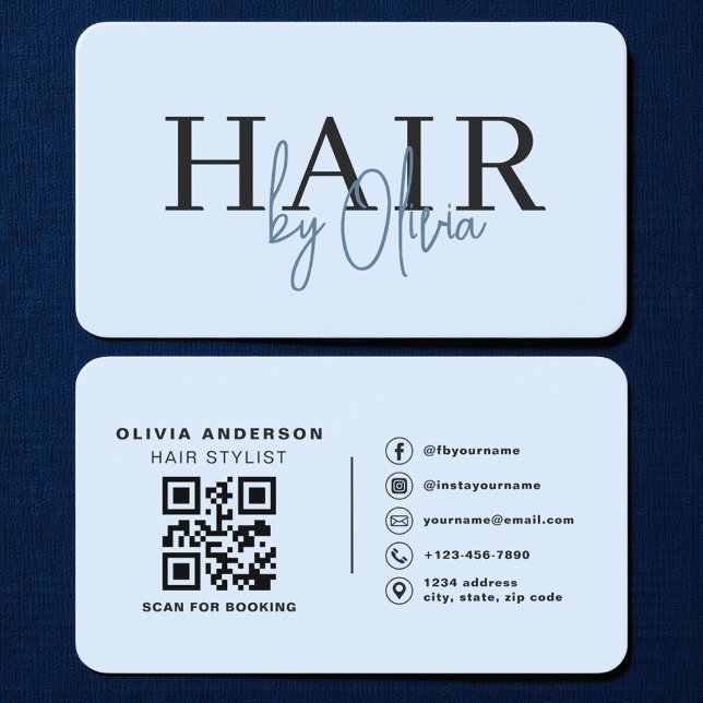 Cartão De Visita Hair Stylist Blue QR Code (Criador carregado)