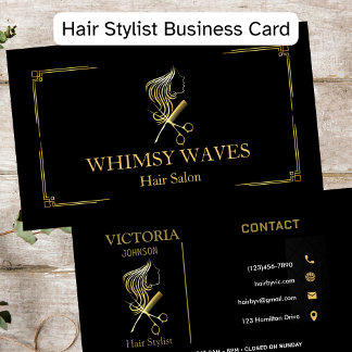 Cartão De Visita Hair Stylist Chic Black e Dourado Beauty Salon