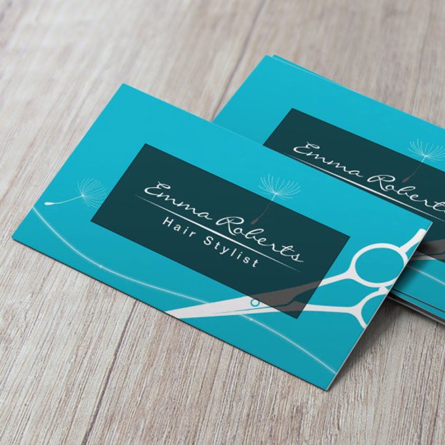Cartão De Visita Hair Stylist Dandelion & Scissor Modern Turquoise (Criador carregado)