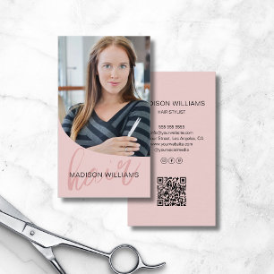 Cartão De Visita Hair Stylist Foto Salon QR Rosa