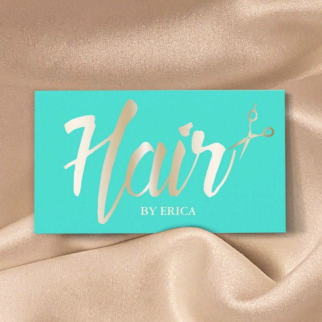 Cartão De Visita Hair Stylist Gold Script Modern Turquoise (Criador carregado)