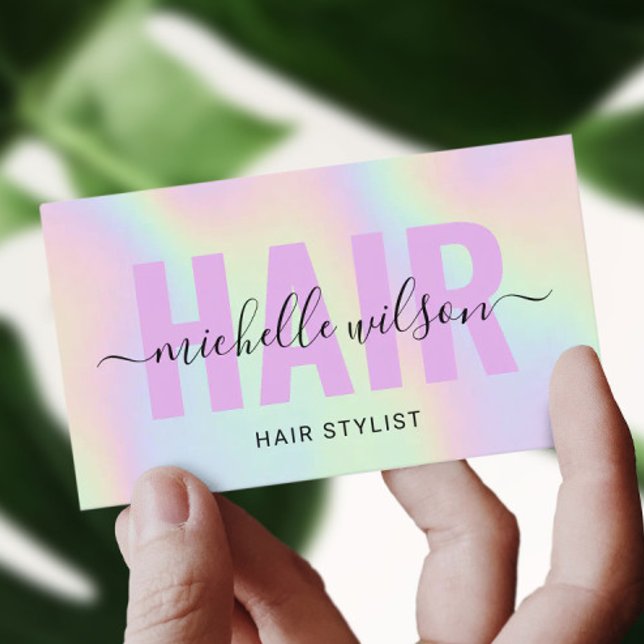 Cartão De Visita Hair Stylist Holographic Purple Typografia Salon (Criador carregado)