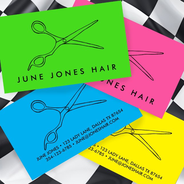 Cartão De Visita Hair Stylist Linhas Chic Line Desenhando PERSONALI (Hair Stylist Scissors Chic Line Drawing CUSTOM Bold Colorful Business Card
)