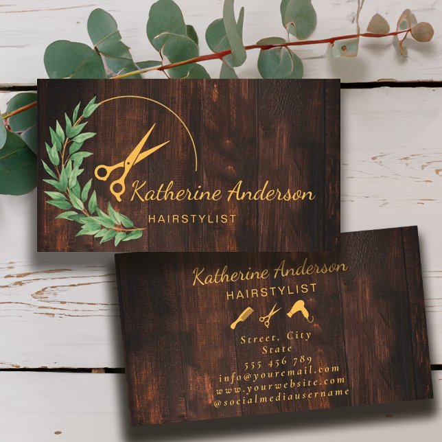 Cartão De Visita Hair Stylist Madeira Rústica Verde Dourado (Hair Stylist Rustic Wood Greenery Gold Business Card)