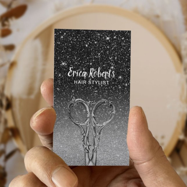 Cartão De Visita Hair Stylist Modern Black & Silver Glitter Salon (Criador carregado)