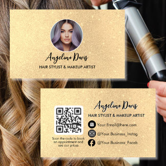Cartão De Visita Hair Stylist Modern Gold Beauty salon photo qr