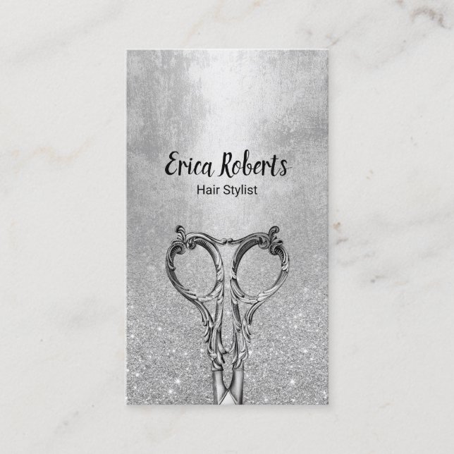 Cartão De Visita Hair Stylist Modern Silver Glitter Salão (Frente)