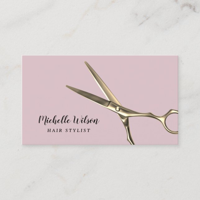 Cartão De Visita Hair Stylist Moderna Dourada Tesoura Blush Salon R (Frente)