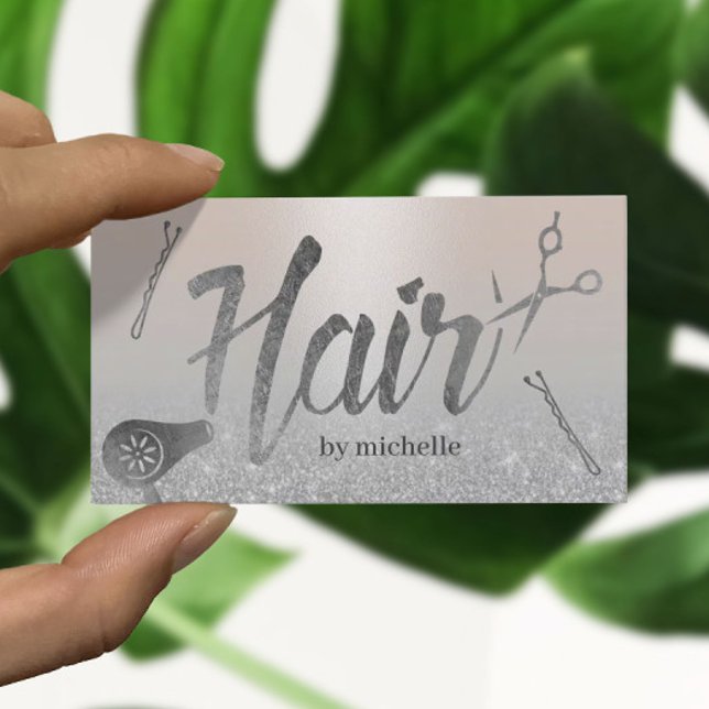 Cartão De Visita Hair Stylist Moderna Typografia Silver Glitter (Criador carregado)