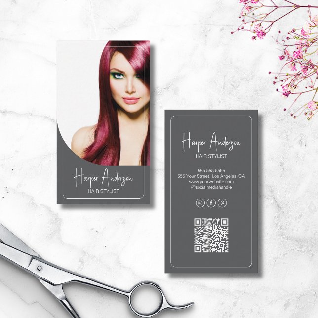 Cartão De Visita Hair Stylist Salon Custom Photo QR Gray (Hair Stylist Salon Custom Photo QR Gray Business Card)