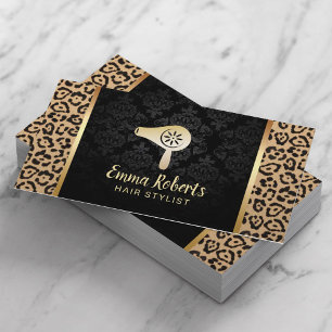 Cartão De Visita Hair Stylist Salon Dryer Bar Moderno Leopardo Dama