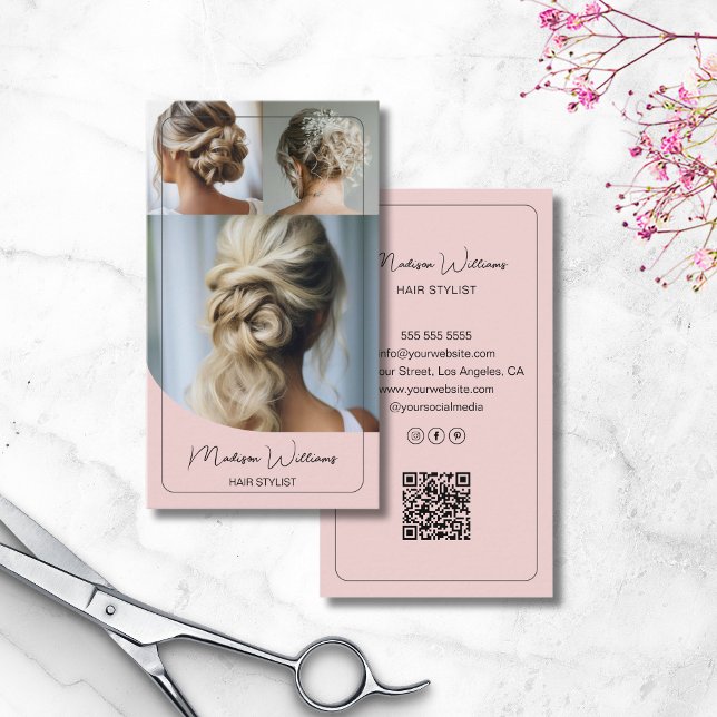 Cartão De Visita Hair Stylist Salon Personalizado 3 Fotos QR Rosa (Hair Stylist Salon Custom 3 Photos QR Pink Business Card)