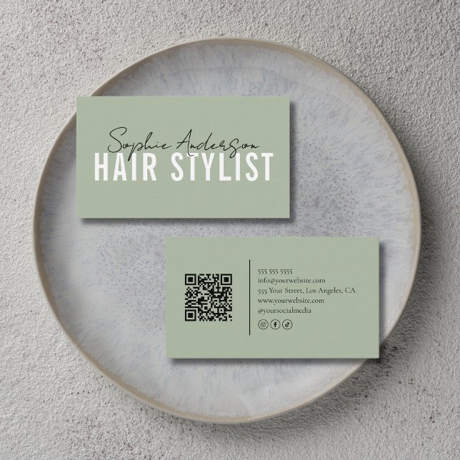 Cartão De Visita Hair Stylist Salon Sage Green QR Code (Hair Stylist Salon Sage Green QR Code Business Card)