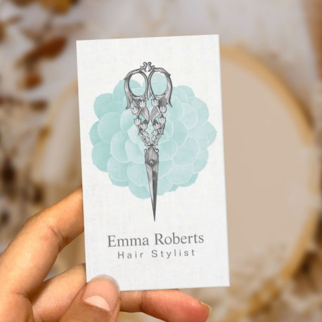 Cartão De Visita Hair Stylist Scissor Turquoise Floral (Criador carregado)