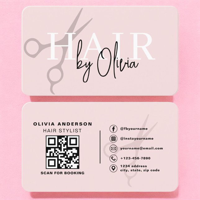 Cartão De Visita Hair Stylist Scissors Blush Pink QR Code  (Criador carregado)