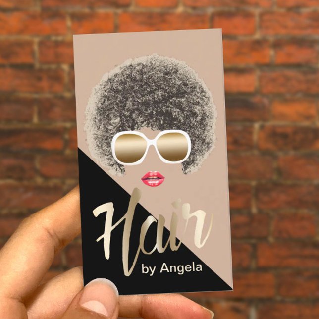 Cartão De Visita Hair Stylist Script Dourado Moderno Afro (Criador carregado)