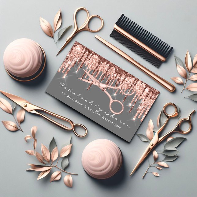 Cartão De Visita Hair Stylist Tesoura Hairdresser Rosa Cinza (Hair Stylist Hairdresser Scissors Rose Drip Gray Business Card)