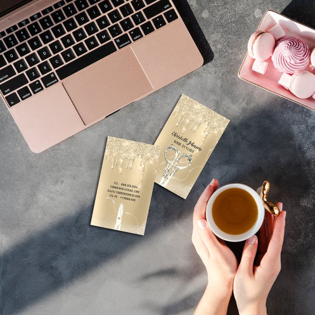 Cartão De Visita Hairdresser Sépia Dourada Glitter (Hairdresser Sepia Gold Drip Glitter Scissors Business Card)