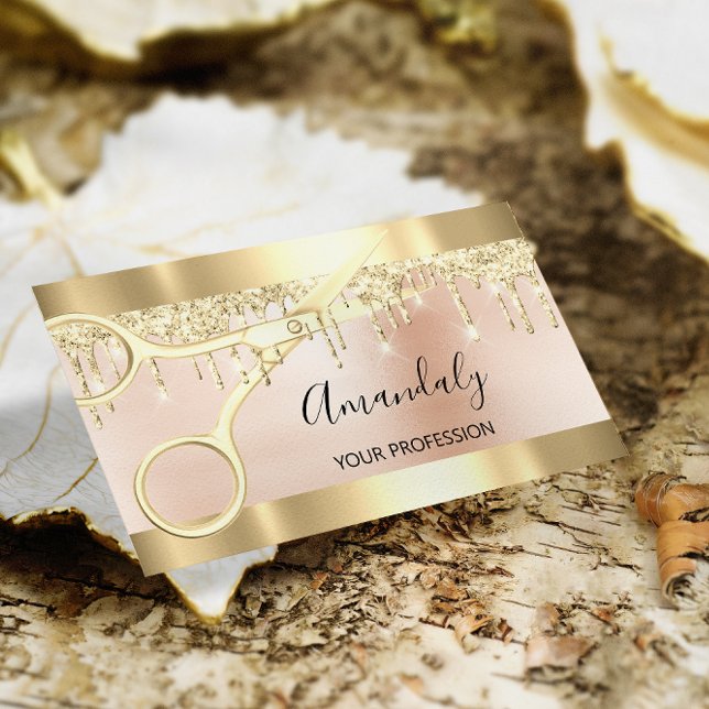 Cartão De Visita Hairdresser Stylist Coiffeur Dourado Scissor Rosa (Hairdresser Stylist Coiffeur Gold Scissors Rose Business Card)