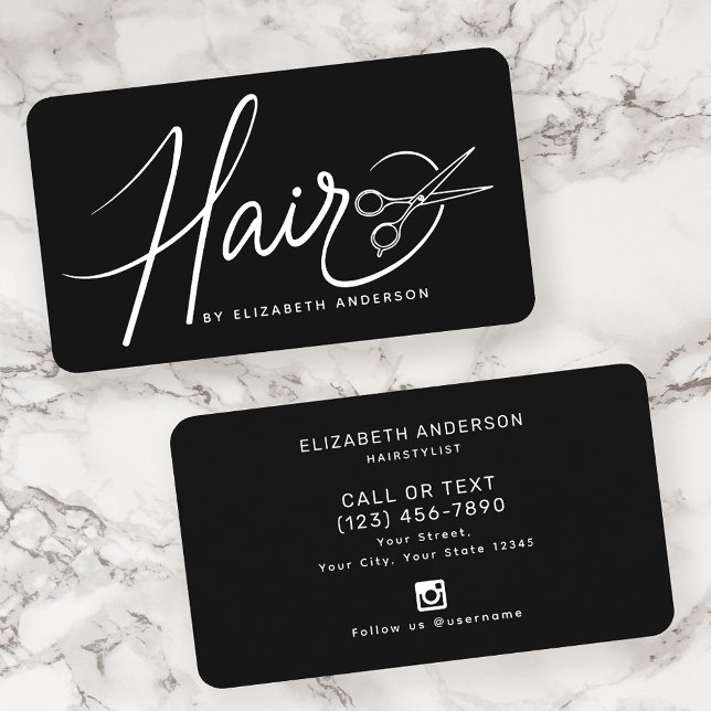 Cartão De Visita Hairstylist de Script Branco e Preto Clássico (Criador carregado)