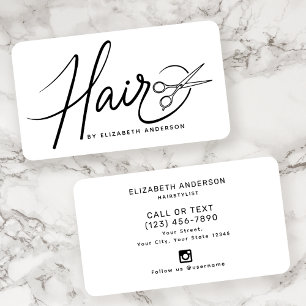 Cartão De Visita Hairstylist de Script Branco e Preto Clássico