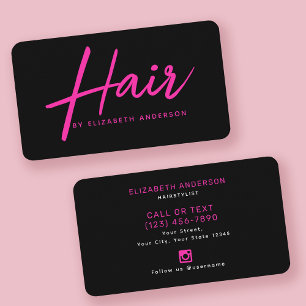 Cartão De Visita Hairstylist de Script Retro-Rosa-Quente e Preto