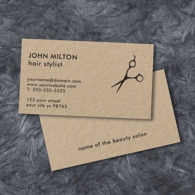 Cartão De Visita HairStylist de Tesoura de Papel Kraft minimalista (Criador carregado)