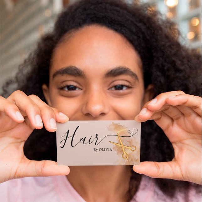 Cartão De Visita Hairstylist Hair Dourada Tesoura Chic Rosa (Criador carregado)