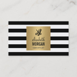 Cartão De Visita Hairstylist Retro Black White Strips Dourado Quadr